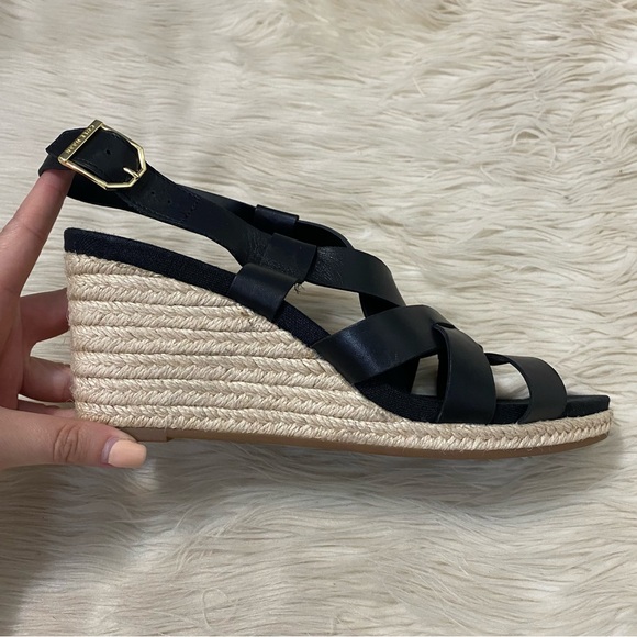 Cole Haan Black Leather Strappy Open Toe Espadrille Crystal Wedge Sandals - Picture 4 of 7